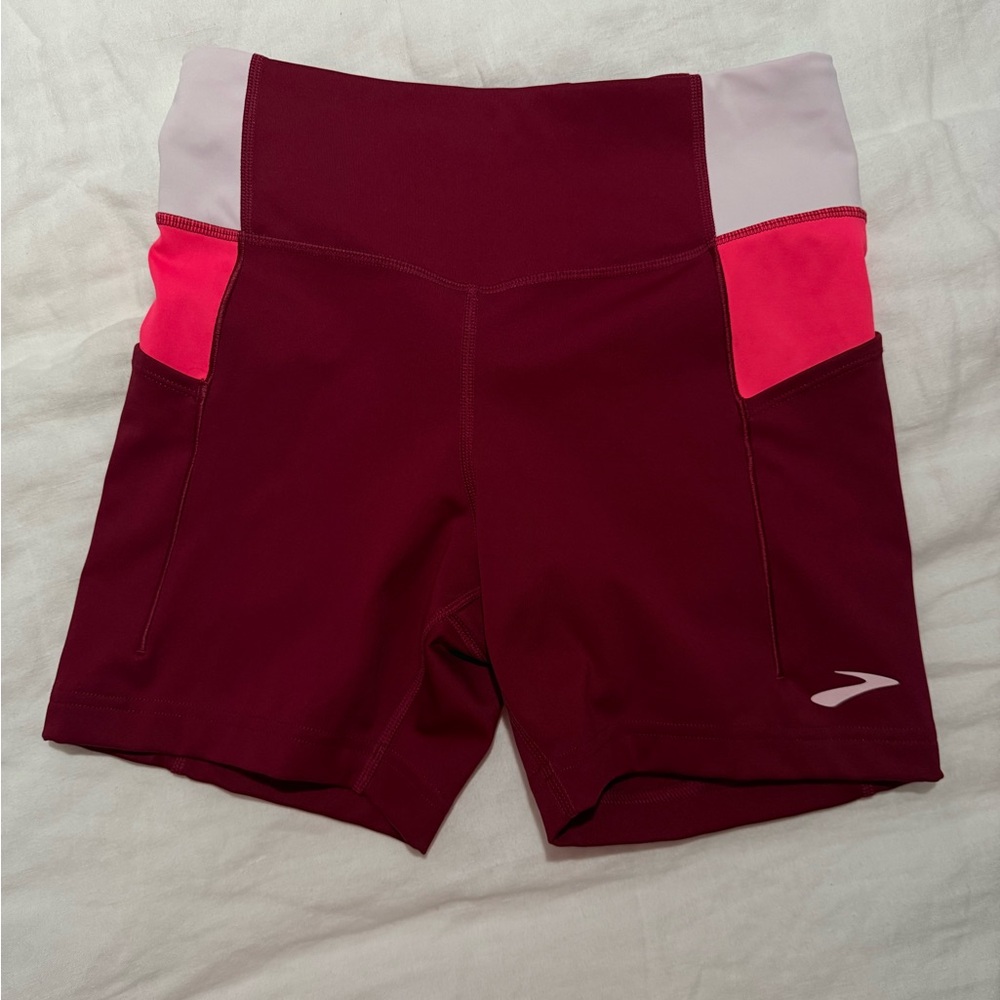 Brooks Red and Pink Athletic Shorts with High Waistband